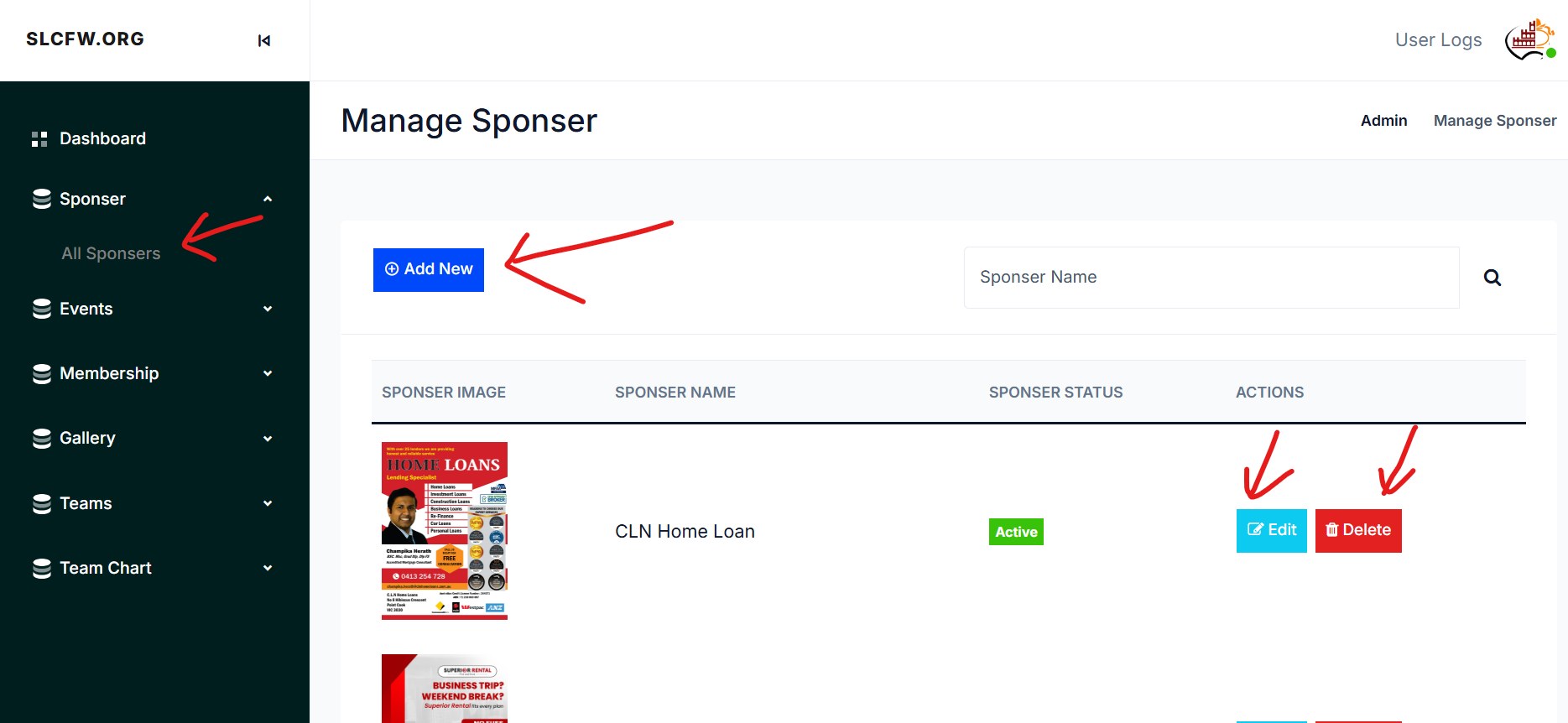Screenshot for step 2: Open the Sponsor Management Area