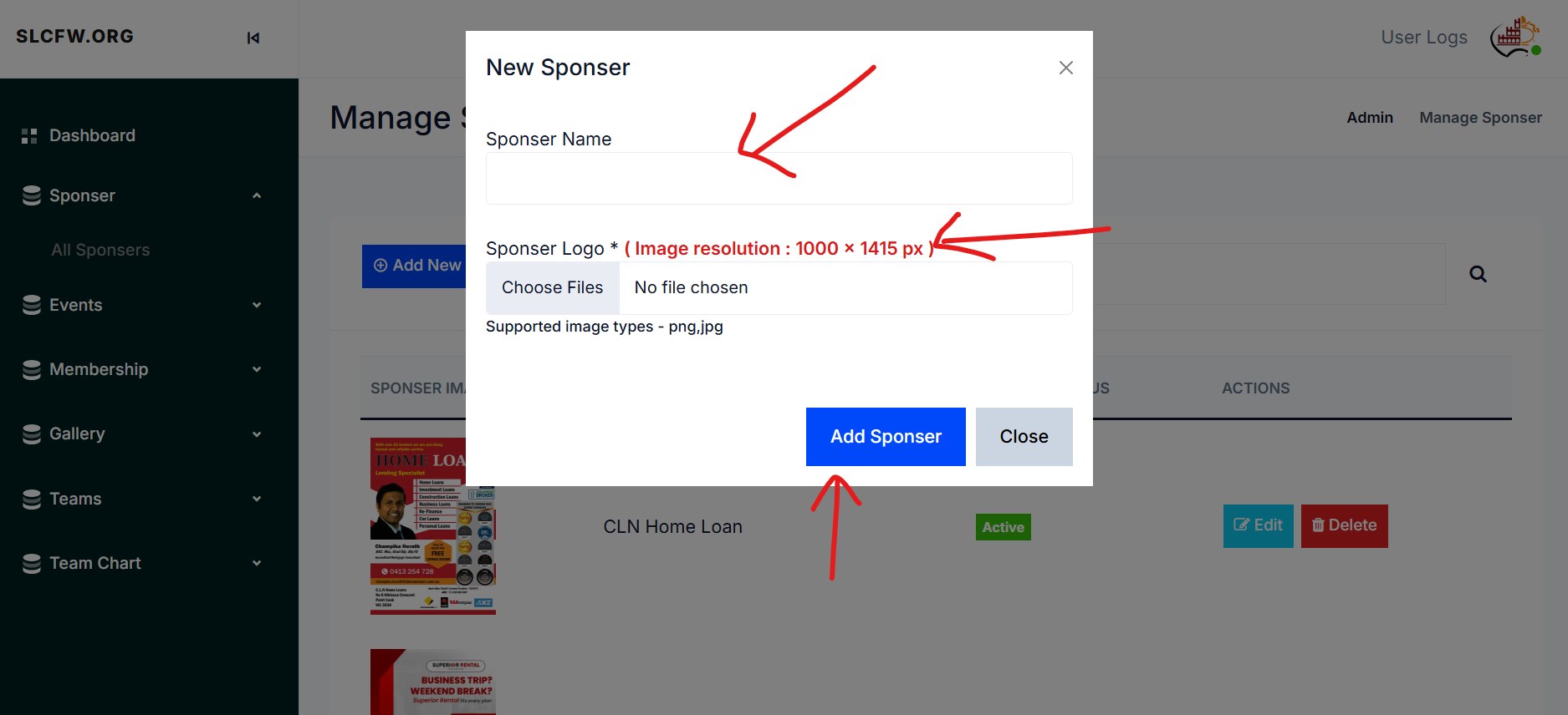 Screenshot for step 3: Add a New Sponsor