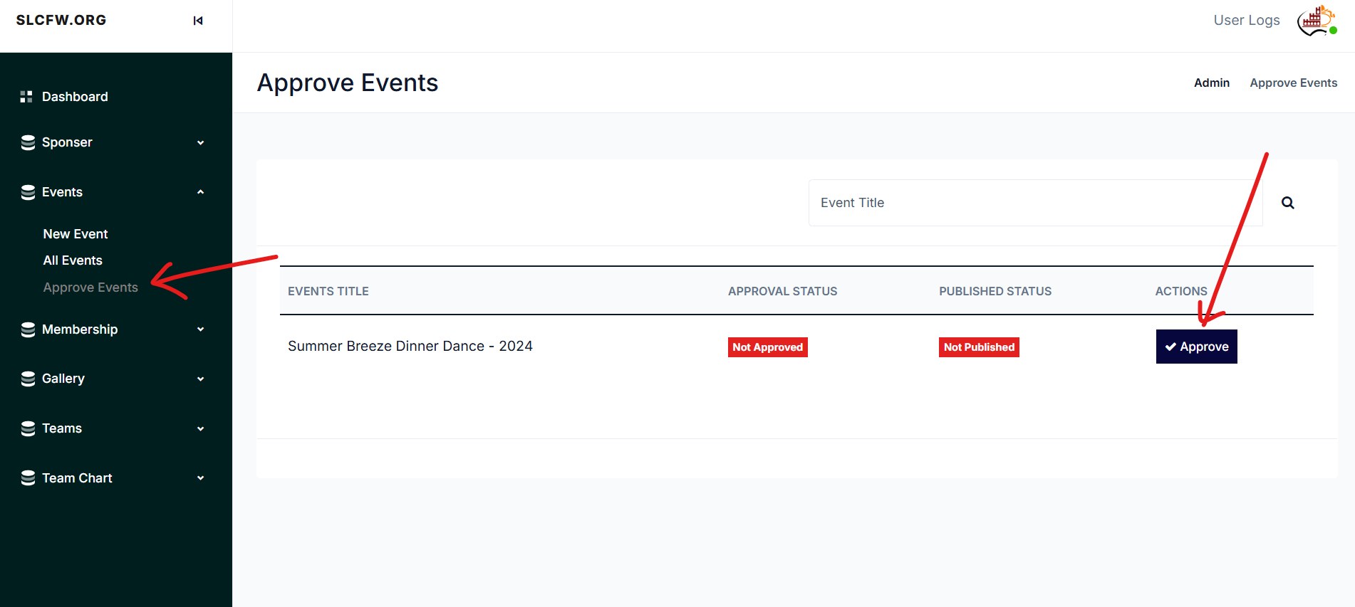 Screenshot for step 6: Approve Submitted Events